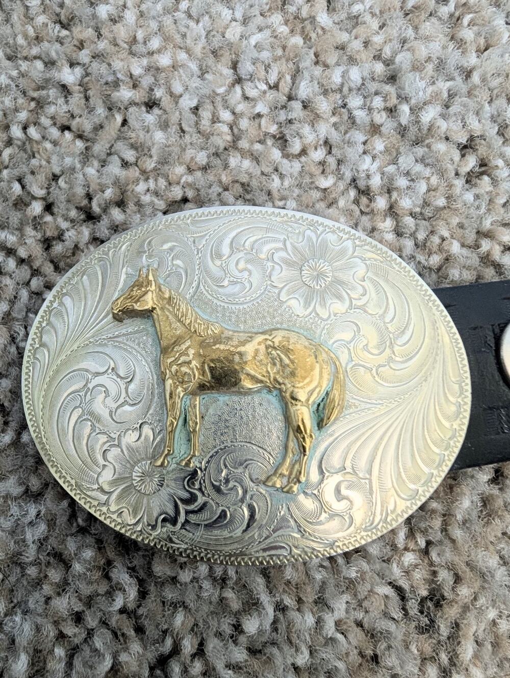 Horse Buckle Black Leather Western Belt 43” USA Made Cowboy Montana Silversmiths